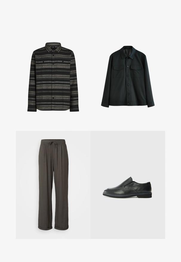 Zwarte jas van gladde stof, met een kraag, twee borstzakken en een knoopsluiting aan de voorkant. Lange mouwen met plain manchetten.; Zwarte lange mouwen shirt met horizontale grijze strepen, knoopsluiting aan de voorkant en twee borstzakken. Gemaakt van een zachte stof met een gemêleerde afwerking.; Donkergrijze wijde broek met een koord in de taille, gemaakt van een zachte, gestructureerde stof, met opgerolde manchetten bij de enkels.; Zwarte leren instapper met een soepele bovenkant, gestikte accenten, ronde neus en een lage rubberen hak. De zool heeft minimale profiel.