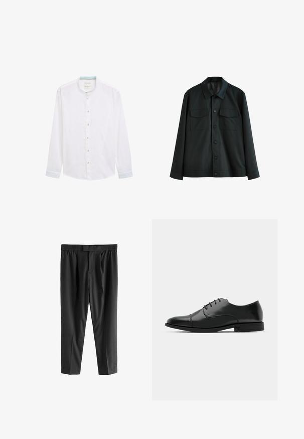 Mustan jope, mis on valmistatud siledast kangast, millel on krae, kaks rinna-taskut ja nööbiga esikinnitus. Pikkade varrukatega, millel on lihtsad mansetid.; Valge pikkade varrukatega särk band-krae ning helesinise aktsendiga krae sisepinnal ja nööp kinnitustega ees.; Next REGULAR FIT -CHECK SMART - Chino-püksid - black; Must must esine tugeva varbaga, luku kinnitusega, peente õmblustete detailidega ja madala kontsaga. Sile tekstuur ja poleeritud viimistlus.