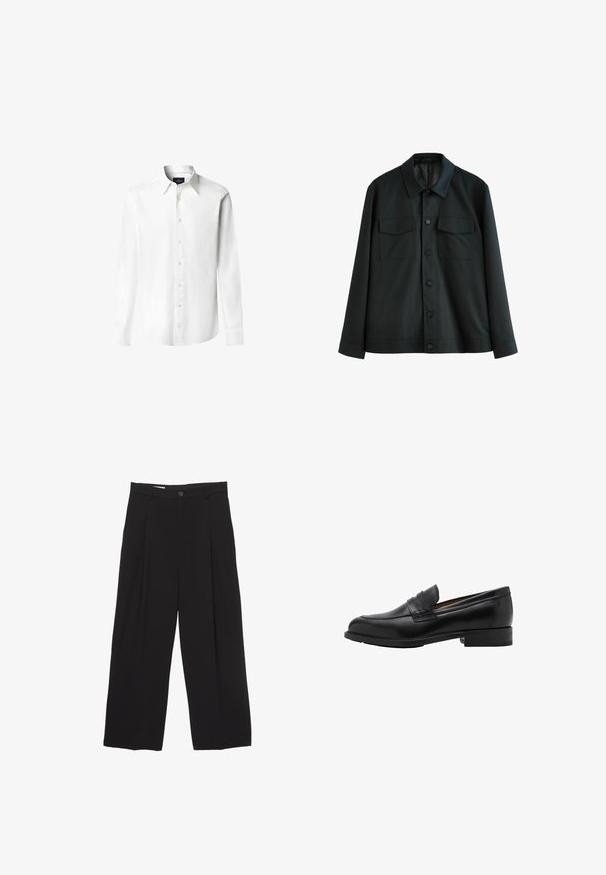 Schwarze Jacke aus glattem Stoff, mit einem Kragen, zwei Brusttaschen und einem Knopfverschluss vorne. Lange Ärmel mit schlichten Manschetten.; Hackett London Hemd - white; Schwarze weit geschnittene Hose aus glattem Stoff, mit flachem Taillenbund, vorderen Falten und einer einzigen Knopfverschlus.; Schwarze Leder-Löcher mit genähtem Vorderteil und flachem Absatz. Glatte Textur mit runder Zehenform und einem dekorativen Riemen über dem Spann.