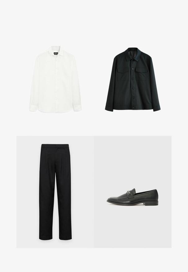 Schwarze Jacke aus glattem Stoff, mit einem Kragen, zwei Brusttaschen und einem Knopfverschluss vorne. Lange Ärmel mit schlichten Manschetten.; Weißes Langarmshirt aus weichem Stoff, mit klassischem Kragen, durchgehender Knopfleiste und geradem Saum. Keine Muster oder Verzierungen.; Schwarze Hose aus glattem Stoff, mit geradem Bein Design, zwei vorderen Falten und einem Standardbund mit Gürtelschlaufen.; Schwarzer Lederloafer mit glatter Oberfläche, ausgestattet mit einer gesteppten Gestaltung und einem dekorativen Metallkettendetail über dem Vorderblatt. Flacher Absatz.