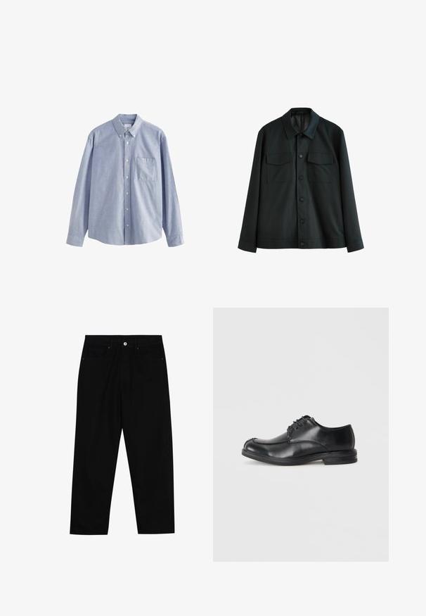 Schwarze Jacke aus glattem Stoff, mit einem Kragen, zwei Brusttaschen und einem Knopfverschluss vorne. Lange Ärmel mit schlichten Manschetten.; Helles blaues Langarmshirt aus Baumwolle mit einem Button-Down-Kragen, sechs Knöpfen und einer Brusttasche mit weicher Textur.; Schwarze Jeans mit geradem Schnitt, Fünf-Taschen-Design und einem vorderen Knopfverschluss. Glatte Textur mit minimalen Nähten.; Schwarze Leder Schnürschuhe mit runder Zehenpartie, glatter Textur und niedrigem Absatz. Mit steppenden Details entlang der Oberseite und der Seiten.