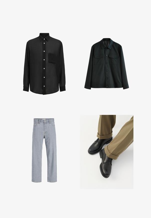 Musta takki sileästä kankaasta, jossa on kaulus, kaksi rintataskua ja nappietu. Pitkät hihat yksinkertaisilla hiharesoreilla.; Mustapaita, jossa on teksturoitu materiaali. Ominaisuuksiin kuuluu pitkät hihat, klassinen kaulus ja rintatasku. Napit ovat valkoiset.; Vaaleansiniset farkut rento istuvuus, suorat lahkeet, näkyvät saumat, kaksi etutaskua ja napitus.; Musta nahkakengät, joissa on sileä pinta, kengännauhat ja pyöreä kärki, yhdistettynä ylös käärittyihin khaki-housuihin.