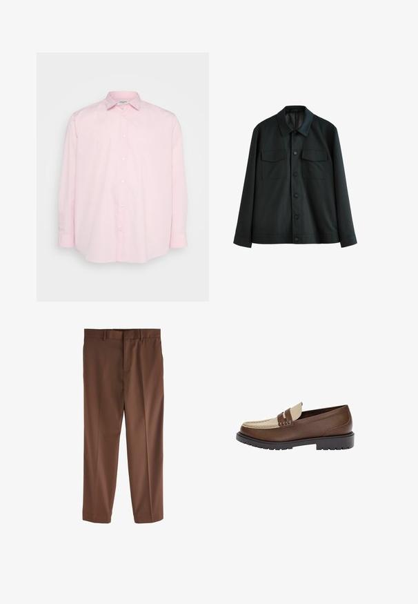 Čierna bunda z hladkej tkaniny, s golierom, dvoma náprsnými vreckami a predným zapínaním na gombíky. Dlhé rukávy s jednoduchými manžetami.; Svetloružová košeľa na gombíky s dlhými rukávmi, so štandardným golierom a bielymi gombíkmi na prednej strane, vyrobená z hladkej bavlnenej látky.; Hnedé nohavice na mieru s hladkou textúrou, rovnými nohavicami, pútkami na opasok a jedným predným záhybom. Bez viditeľných vreciek alebo akcentov.; Hnedé kožené mokasíny s béžovým koženým akcentom a prešitím. Majú nízku, textúrovanú čiernu podrážku a klasický dizajn.