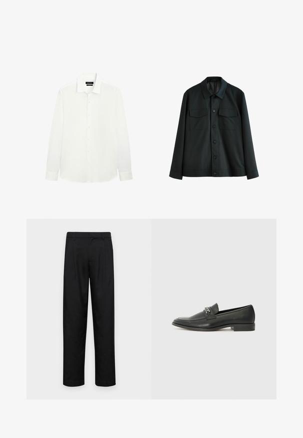 Zwarte jas van gladde stof, met een kraag, twee borstzakken en een knoopsluiting aan de voorkant. Lange mouwen met plain manchetten.; Witte longsleeve shirt met een klassieke kraag, knoopsluiting en aansluitende manchetten. Gladde stof met een subtiele glans. Etiket zichtbaar bij de halslijn.; Zwarte broeken van gladde stof, met een recht model, twee voorknikken en een standaard tailleband met riemlussen.; Zwarte leren instapper met een gladde afwerking, voorzien van een gestikt ontwerp en een decoratieve metalen kettingaccent over de wreef. Platte hak.