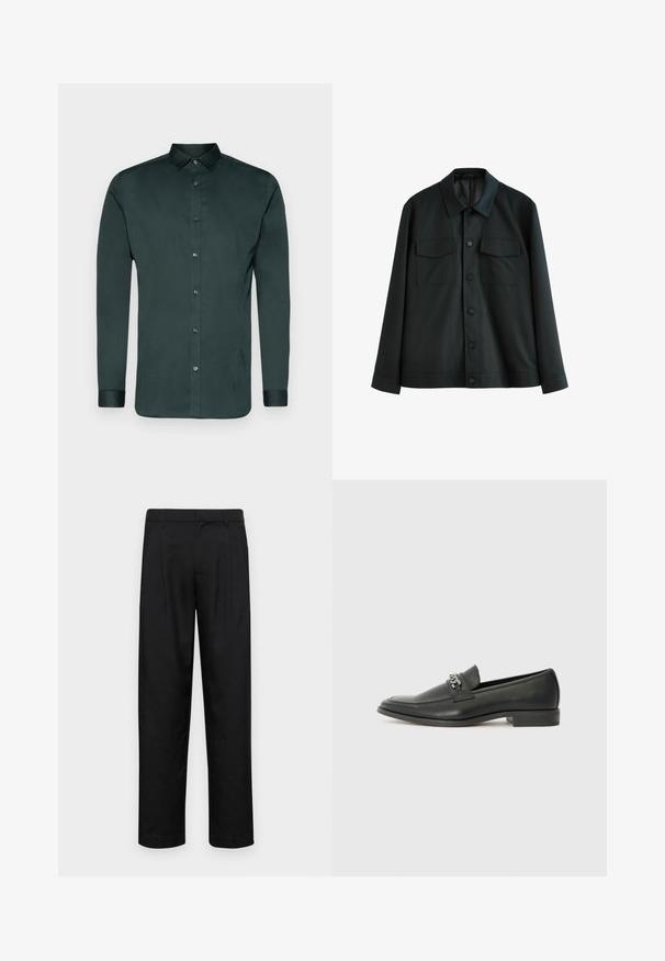 Czarna kurtka wykonana z gładkiego materiału, z kołnierzykiem, dwiema kieszeniami na piersi i zapięciem na guziki z przodu. Długie rękawy z prostymi mankietami.; Jack & Jones PREMIUM PARMA NOOS czarny; Czarne spodnie wykonane z gładkiego materiału, z prostą nogawką, dwoma fałdami z przodu oraz standardowym paskiem z wypustkami na pasek.; Czarne skórzane mokasyny o gładkim wykończeniu, z haftowanym wzorem i dekoracyjnym akcentem z metalowego łańcucha na wierzchu. Płaska pięta.