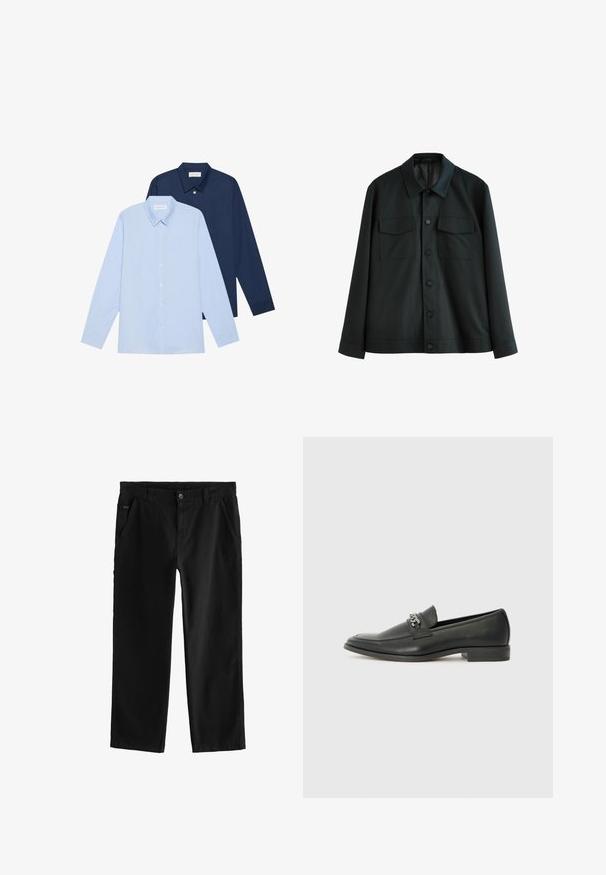 Fekete dzseki sima anyagból, amelynek gallérja, két mellzsebe és gombos elülső záródása van. Hosszú ujjak egyszínű mandzsettával.; Két hosszúujjú ing: az egyik világoskék, a másik sötétkék. Mindkettő gombos záródással, hegyes gallérral és sima textúrájú anyaggal rendelkezik.; Fekete pamut nadrág egyenes szárú dizájnnal, első gombos záródással, ferde oldalsó zsebekkel és diszkrét varrási részletekkel.; Fekete bőr loaferek sima felülettel, varrott mintával és díszítő fém lánccal a cipő elején. Lapos sarok.