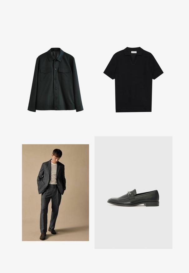 Giacca nera realizzata in tessuto morbido, con colletto, due tasche sul petto e chiusura frontale con bottoni. Maniche lunghe con polsini semplici.; Polo shirt nera a maniche corte in tessuto texturizzato a coste, con scollo a V e orlo dritto. Nessun logo o motivo visibile.; Completo grigio su misura con rever a scollo e tasche frontali, abbinato a una camicia a righe. I pantaloni hanno una vestibilità comoda e dettagli delle pieghe. Scarpe marroni.; Mocassino in pelle nera con finitura liscia, caratterizzato da un design cucito e da un accento decorativo in catena metallica sul vamp. Tacco piatto.