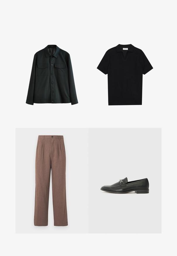 Čierna bunda z hladkej tkaniny, s golierom, dvoma náprsnými vreckami a predným zapínaním na gombíky. Dlhé rukávy s jednoduchými manžetami.; Čierna polo tričko s krátkymi rukávmi, vyrobené z textúrovaného, rebrovaného materiálu, s véčkovým výstrihom a rovnými okrajmi. Bez viditeľných log a vzorov.; Hnedé nohavice s širokými nohavicami vyrobené z textúrovanej tkaniny, s plisovaním a zapínaním na gombík v páse. Strih na mieru s čistými líniami.; Čierne kožené loafers s hladkým povrchom, s prešitým dizajnom a dekoratívnym kovovým reťazovým akcentom cez priehlavok. Plochý podpätok.