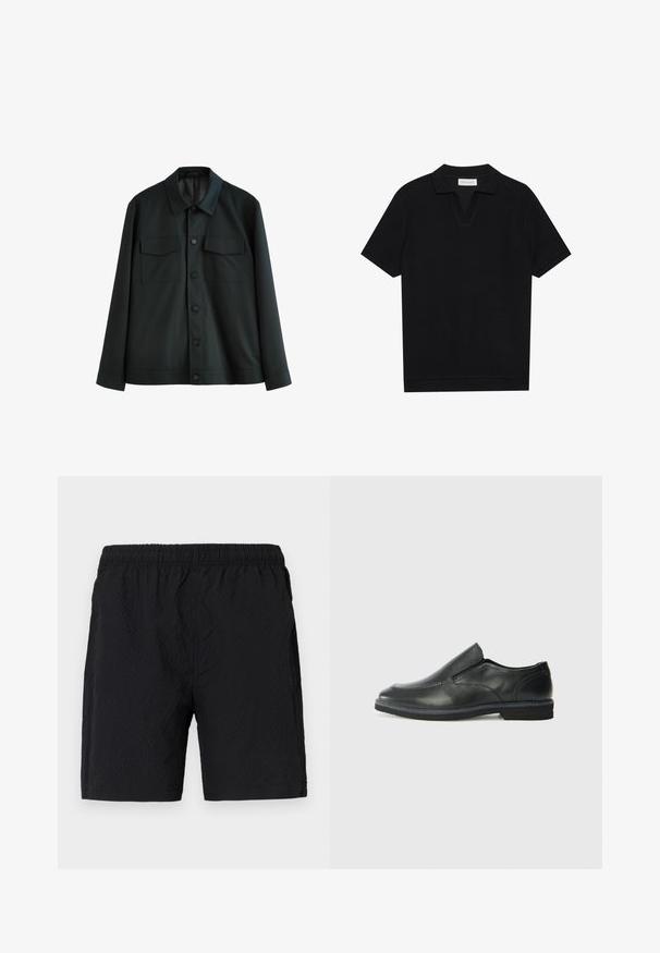 Svart jacka i slätt tyg, med krage, två bröstfickor och knäppning fram. Långa ärmar med enkla manschetter.; Svart kortärmad polo t-shirt i en texturerad, ribbad tyg, med en v-ringning och rak fåll. Inga synliga logotyper eller mönster.; Svarta badshorts tillverkade av texturerat tyg, med elastisk midja och sidfickor, i en lös passform.; Svart lädersko i slip-on-modell med en slät ovandel, sömnadsdetaljer, rund tå och låg gummihäl. Sulan har minimal mönstring.