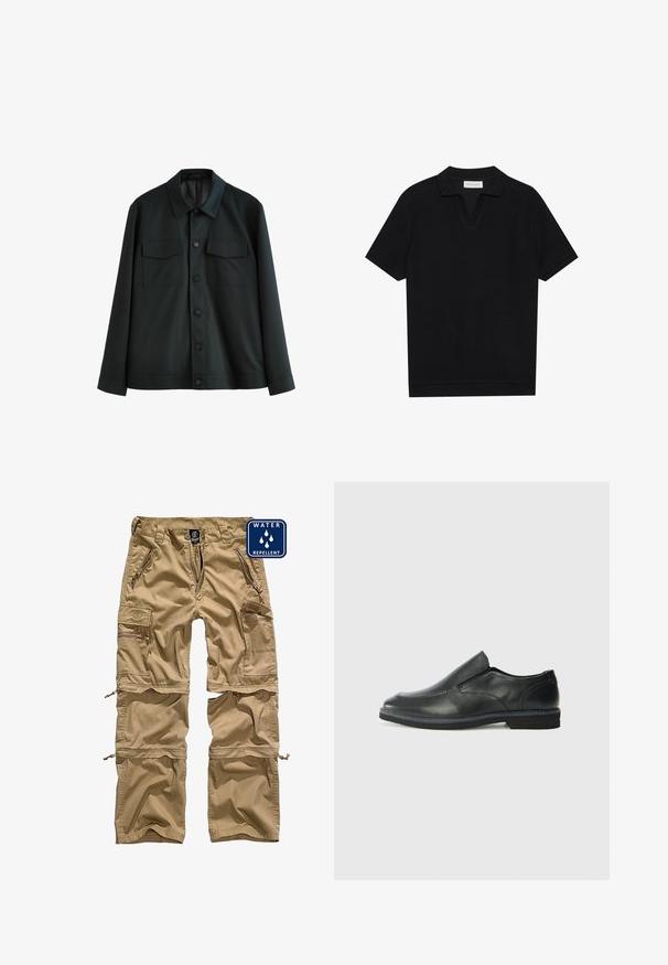 Juodas švarkas, pagamintas iš lygios medžiagos, turi apykaklę, dvi krūtinės kišenes ir mygtukinį užsegimą. Ilgos rankovės su paprastais manžetais.; Juodas trumpas rankovėmis polo marškinėliai su tekstūruota, grioveliais audiniu, turi V formos iškirptę ir tiesų apačią. Nėra matomų logotipų ar raštų.; Kaki spalvoti cargo kelnės, pagamintos iš vandeniui atsparios medžiagos. Jų savybės – daugybė užtrauktukais uždaromų kišenių ir nuimamos apatinės kojos, suteikiančios universalumo.; Juodai odiniai įtvirtinimo batai su lygiu paviršiumi, siuvinėjimo akcentais, apvalia nosimi ir žemu guminiu kulnu. Pado raštas minimalus.
