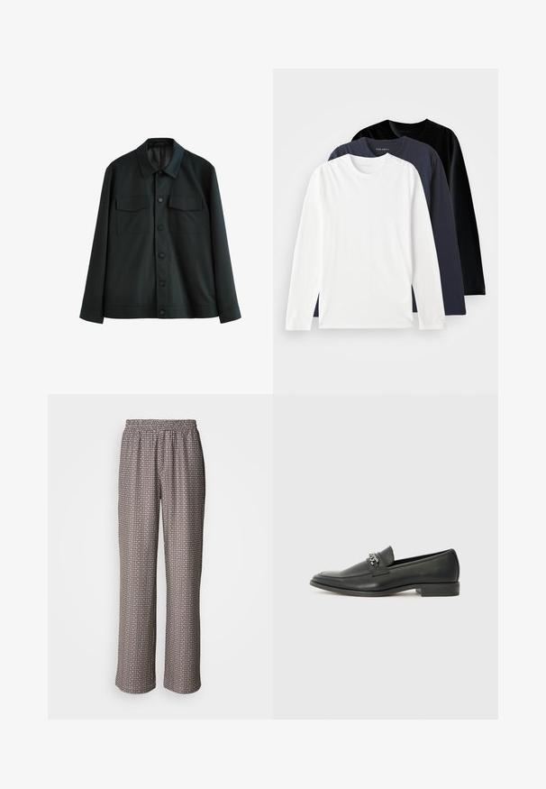 Sort jakke lavet af glat stof, med krave, to brystlommer og lukning med knapper foran. Lange ærmer med enkle manchetter.; Tre langærmede T-shirts stablet: en hvid, en mørk marineblå og en sort. Lavet af glat bomuld med runde halsudskæringer og sideslids.; Bredde bukser lavet af letvægtsstof med et sort-hvidt geometrisk mønster og en elastisk talje.; Sorte læder loafers med en glat finish, der har et syet design og et dekorativt metal kædeaccent hen over vamps. Flad hæl.