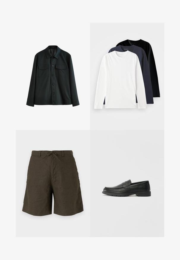 Jachetă neagră din material neted, cu guler, două buzunare pe piept și închidere cu butoane în față. Manșete simple la mânecile lungi.; Trei tricouri cu mânecă lungă așezate unul peste altul: unul alb, unul bleumarin închis și unul negru. Fabricate din bumbac neted, cu gât rotund și slituri laterale.; Shorts kaki din in, cu talie cu siret, buzunare laterale și o croială relaxată cu o textură netedă.; Labeled cu oglindă din piele neagră cu un finisaj neted, partea superioară în stil mocasin, detalii cusute și o talpă din cauciuc. Design clasic cu un toc jos.