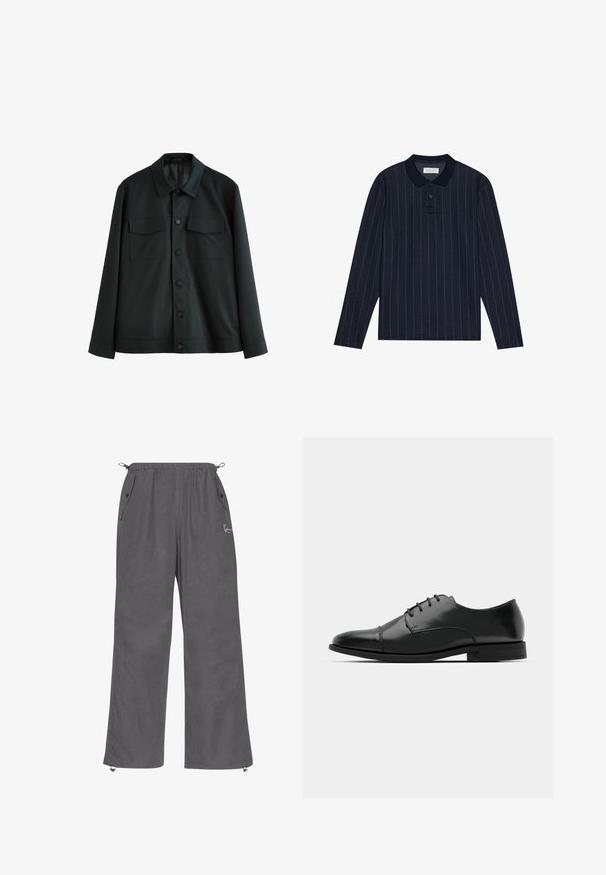 Zwarte jas van gladde stof, met een kraag, twee borstzakken en een knoopsluiting aan de voorkant. Lange mouwen met plain manchetten.; Marineblauwe polo met lange mouwen en een kraag, voorzien van dunne verticale strepen en een knoopsluiting met drie knopen. Zachte stofstructuur.; Grijze, wijde broek gemaakt van zachte stof. Voorzien van een elastische tailleband, zijzakken en ritsen bij de kuiten. Eenvoudig ontwerp met minimale details.; Zwarte leren dresschoenen met een ronde neus, vetersluiting, subtiele stiksels en een lage hak. Glad oppervlak met gepolijste afwerking.