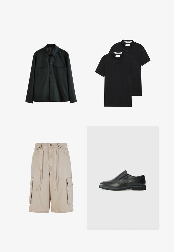 Zwarte jas van gladde stof, met een kraag, twee borstzakken en een knoopsluiting aan de voorkant. Lange mouwen met plain manchetten.; Twee zwarte polo shirts, met korte mouwen, van katoen, met een klassieke kraag, een knoopsluiting met twee knopen en witte gestreepte accenten aan de binnenkant van de kraag.; Beige cargoshorts van katoen met een trekkoord in de taille, twee zijzakken en een enkele zijzak, met zichtbare stikdetails.; Zwarte leren instapper met een soepele bovenkant, gestikte accenten, ronde neus en een lage rubberen hak. De zool heeft minimale profiel.