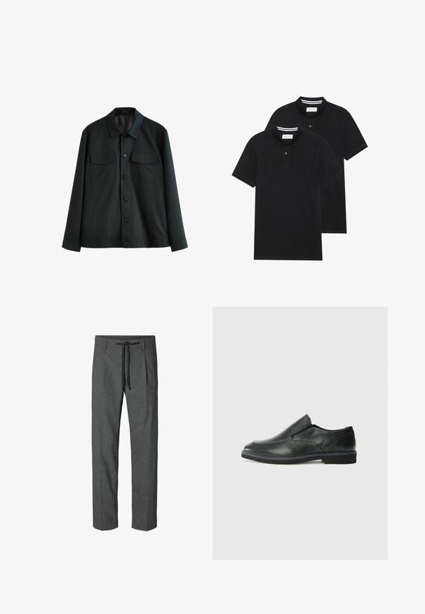 Musta takki sileästä kankaasta, jossa on kaulus, kaksi rintataskua ja nappietu. Pitkät hihat yksinkertaisilla hiharesoreilla.; Kaksi mustaa lyhythihaista poolopaitaa, puuvillamateriaalia, joissa on klassinen kaulus, kahden napin napitus ja valkoiset raidat kauluksen sisällä.; Harmaat muotoiltut housut, joissa on teksturoitu kuvio, nyörikiristysvyötärö ja kaksi sivutaskua. Suorat lahkeet ilman resoreita.; Musta nahkainen liukujalkine, jossa on sileä pinta, ommeltuja yksityiskohtia, pyöristetty kärki ja matala kumipohja. Pohjassa on minimaalinen pito.