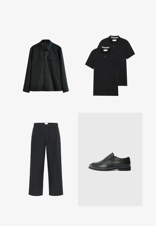 Črna jakna iz gladkega blaga, z ovratnikom, dvema žepa na prsih in gumbom za zapiranje spredaj. Dolgi rokavi s preprosto manšeto.; Dve črne polo majice, kratke rokave, iz bombažnega materiala, z klasik ovratnikom, dvobodno zaponko in belimi črtkami znotraj ovratnika.; Matinique MACHINO PLEAT - Hlače - black; Črne usnjene natikače z gladkim zgornjim delom, prišitimi detajli, zaobljenim nosom in nizkim gumijastim petkom. Podplat ima minimalen profil.