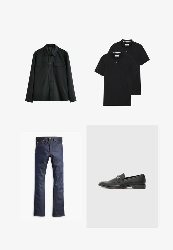 Black jacket made of smooth fabric, featuring a collar, two chest pockets, and a button front closure. Long sleeves with plain cuffs.; Two black polo shirts, short-sleeved, cotton material, featuring a classic collar, two-button placket, and white striped accents inside the collar.; Dark blue denim jeans with a straight leg cut, featuring orange stitching, five pockets, and a button closure. Smooth texture and durable fabric.; Black leather loafer with a smooth finish, featuring a stitched design and a decorative metal chain accent across the vamp. Flat heel.