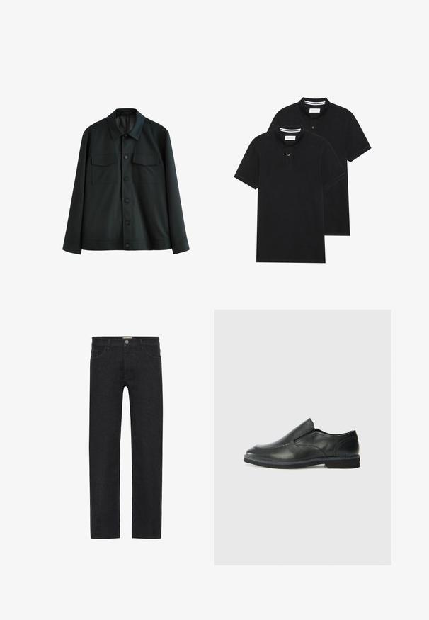 Zwarte jas van gladde stof, met een kraag, twee borstzakken en een knoopsluiting aan de voorkant. Lange mouwen met plain manchetten.; Twee zwarte polo shirts, met korte mouwen, van katoen, met een klassieke kraag, een knoopsluiting met twee knopen en witte gestreepte accenten aan de binnenkant van de kraag.; Zwarte recht-toe-rechtaan jeans van denim, met een knoopsluiting in de taille, vijf zakken en een minimalistisch ontwerp zonder zichtbare patronen.; Zwarte leren instapper met een soepele bovenkant, gestikte accenten, ronde neus en een lage rubberen hak. De zool heeft minimale profiel.