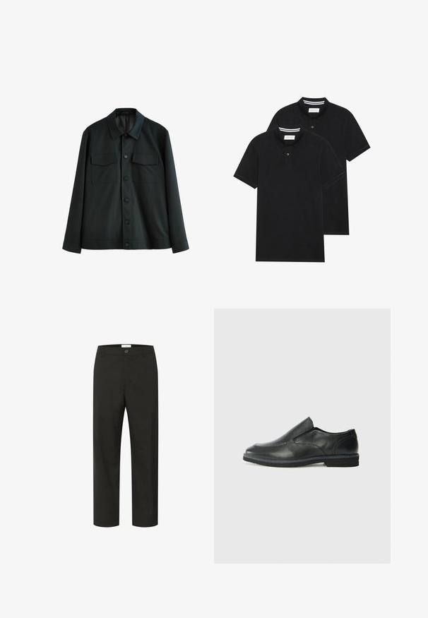 Mustan jope, mis on valmistatud siledast kangast, millel on krae, kaks rinna-taskut ja nööbiga esikinnitus. Pikkade varrukatega, millel on lihtsad mansetid.; Kaks musta polo särki, lühikeste varrukatega, puuvillane materjal, klassikalise kraega, kahe nupuga kinnitusega, valgete triipudega krae sisepinnal.; Mustad püksid sujuva tekstuuriga, sirge sääre kujundusega, nupuga sulgemine ja vöökummid. Omab minimalistlikku välimust ja nähtavaid mustreid ei ole.; Must musta laia suuga king, millel on sile ülemine osa, õmmeldud detailid, ümmargune nina ja madal kummist konts. Tallal on minimaalne mustr.