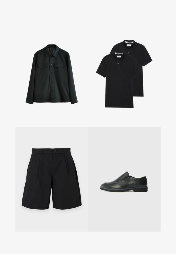 Black jacket made of smooth fabric, featuring a collar, two chest pockets, and a button front closure. Long sleeves with plain cuffs.; Two black polo shirts, short-sleeved, cotton material, featuring a classic collar, two-button placket, and white striped accents inside the collar.; Black shorts made of smooth fabric, featuring a button closure, two front pleats, and side pockets with a relaxed fit and straight hem.; Black leather slip-on shoe with a smooth upper, stitched accents, rounded toe, and a low rubber heel. Sole features minimal tread.
