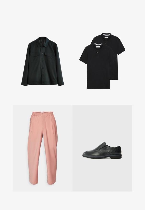 Melnas jakas, kas izgatavota no gludas auduma, ar apkakli, diviem krūšu kabatām un pogu aizdari priekšpusē. Garas piedurknes ar vienkāršām aprocēm.; Divas melnas polo krekli, īsām piedurknēm, no kokvilnas materiāla, ar klasisku apkakli, divu pogu aizdari un balti svītroti akcenti apkakles iekšpusē.; Libertine-Libertine ALIVE - Auduma bikses - orchid; Melnas ādas slip-on kurpes ar gludu augšdaļu, izšūtām akcentiem, noapaļotu purngala daļu un zemu gumijas papēdi. Zole ar minimālu rakstu.