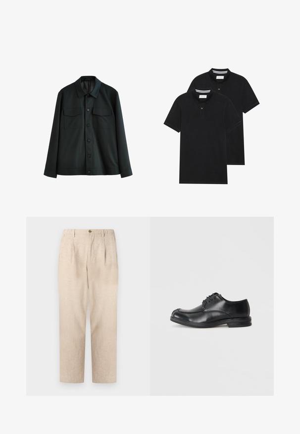 Schwarze Jacke aus glattem Stoff, mit einem Kragen, zwei Brusttaschen und einem Knopfverschluss vorne. Lange Ärmel mit schlichten Manschetten.; Zwei schwarze Polohemden, kurzärmlig, aus Baumwolle, mit einem klassischen Kragen, zwei Knöpfen und weißen Streifenakzenten im Inneren des Kragens.; Beige Leinenhose mit Falten, elastischem Bund und einem einzigen Knopfverschluss. Gerades Bein Design mit strukturierter Oberfläche.; Schwarze Leder Schnürschuhe mit runder Zehenpartie, glatter Textur und niedrigem Absatz. Mit steppenden Details entlang der Oberseite und der Seiten.