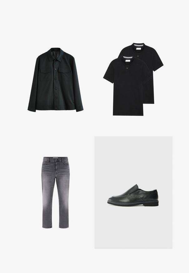 Črna jakna iz gladkega blaga, z ovratnikom, dvema žepa na prsih in gumbom za zapiranje spredaj. Dolgi rokavi s preprosto manšeto.; Dve črne polo majice, kratke rokave, iz bombažnega materiala, z klasik ovratnikom, dvobodno zaponko in belimi črtkami znotraj ovratnika.; Sive traper hlače s oblikovanjem za pet žepov, ravnim krojem in bledim zaključkom. Imajo gumbno zadrgo ter kontrastne šive.; Črne usnjene natikače z gladkim zgornjim delom, prišitimi detajli, zaobljenim nosom in nizkim gumijastim petkom. Podplat ima minimalen profil.