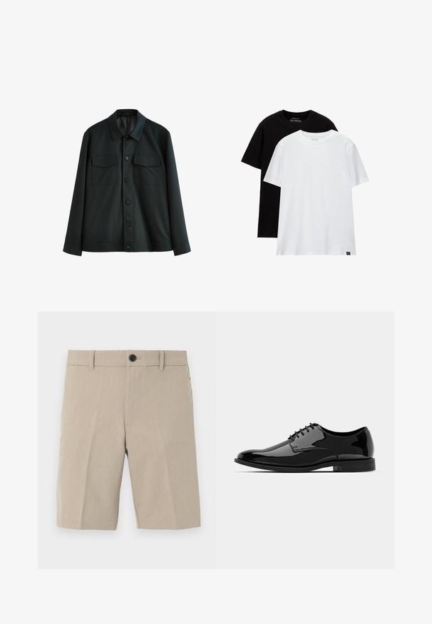 Črna jakna iz gladkega blaga, z ovratnikom, dvema žepa na prsih in gumbom za zapiranje spredaj. Dolgi rokavi s preprosto manšeto.; Dve redne majice, ena črna in ena bela, iz bombaža. Obe imata okroglo izrezano ovratnik in kratke rokave. Enostavna zasnova, brez vzorcev.; Bež hlače do kolen z ravnim sprednjim delom, rahlo teksturo, zapiranjem na en gumb, pasom in dvema stranskima žepoma. Prilagojena oblika.; Črne lakirane usnjene čevlje z zaobljenim nosom, vezanjem in gladko, sijočo površino. Imajo nizko profilirano gumijasto podplat.