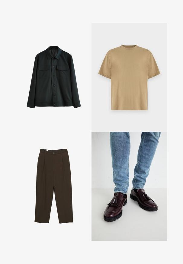 Fekete dzseki sima anyagból, amelynek gallérja, két mellzsebe és gombos elülső záródása van. Hosszú ujjak egyszínű mandzsettával.; Khaki színű, rövid ujjú póló, puha anyagból készült, kerek nyakkivágással és lazább fazonnal. Minták vagy grafikák nem láthatók.; Sötétbarna, szabott nadrág elülső redőkkel, övhurkokkal és gombos záródással a deréknál.; Burgundi bőr loaferek bojtokkal és texturált felsőrészsel, világoskék farmernadrággal párosítva. Fekete gumitalp látható.