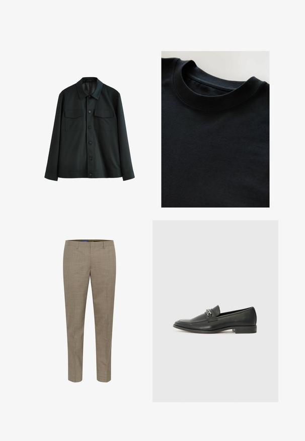 Melnas jakas, kas izgatavota no gludas auduma, ar apkakli, diviem krūšu kabatām un pogu aizdari priekšpusē. Garas piedurknes ar vienkāršām aprocēm.; Melna kreklu ar apaļu kakla izgriezumu, mīksta, teksturēta auduma, īsām piedurknēm un gludu kakla izgriezumu. Vienkāršs dizains bez rakstiem vai drukājumiem.; Beigu pielāgotie bikses ar smalku rūtainu rakstu, taisnas kājas dizainu, priekšējām kabatām un gludu auduma tekstūru.; Melna ādas loafer izmēra apavi ar gludu virsmu, piedāvā ar šūtu dizainu un dekoratīvu metāla ķēdes akcentu pār vampu. Plakana papēža daļa.