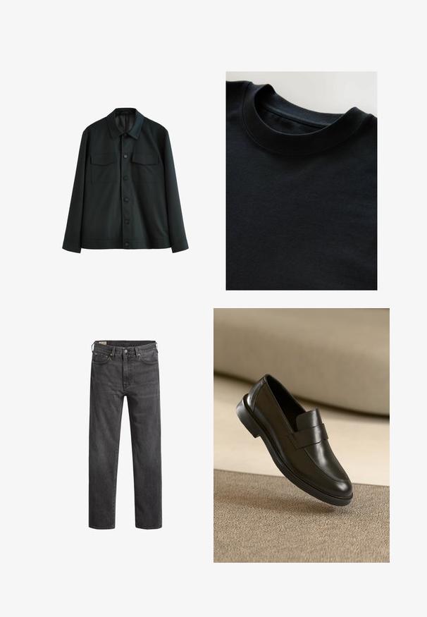 Giacca nera realizzata in tessuto morbido, con colletto, due tasche sul petto e chiusura frontale con bottoni. Maniche lunghe con polsini semplici.; Maglietta nera a girocollo realizzata in un tessuto morbido e testurizzato, con maniche corte e scollatura liscia. Design semplice senza motivi o stampe.; Jeans in denim grigio scuro con taglio dritto, cinque tasche e rivetti in rame. Design classico con una texture leggermente sbiadita.; Mocassini neri in pelle con finitura liscia, punta arrotondata e una fascia decorativa sul collo del piede, su un tacco basso.