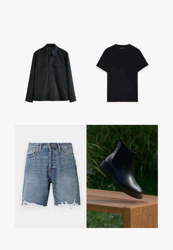 Giacca nera realizzata in tessuto morbido, con colletto, due tasche sul petto e chiusura frontale con bottoni. Maniche lunghe con polsini semplici.; T-shirt nera a maniche corte con tessuto testurizzato, con accenti bianchi sui polsini. Collo arrotondato, vestibilità comoda.; Shorts in denim azzurro chiaro con orlo strappato, design a cinque tasche e cuciture in vista. Presenta una chiusura con bottone in vita.; Stivale alla caviglia in pelle nera con pannelli elastici laterali, sospeso sopra una panchina di legno, con uno sfondo di fogliame verde.