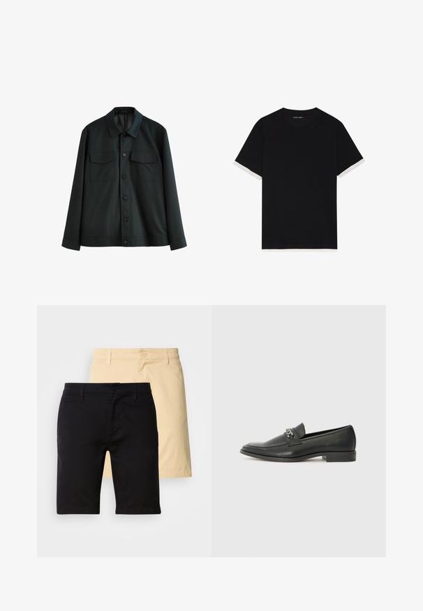 Črna jakna iz gladkega blaga, z ovratnikom, dvema žepa na prsih in gumbom za zapiranje spredaj. Dolgi rokavi s preprosto manšeto.; Črna majica s kratkimi rokavi iz teksturiranega blaga, z belimi poudarki na manšetah. Okrogli izrez, sproščen kroj.; Črne in bež kratke hlače iz bombaža, opremljene z gumbom, zankami za pas in ravnim krojem. Črne kratke hlače so spredaj.; Črni usnjeni loafer z gladko površino, ki ima šivano zasnovo in dekorativni kovinski verižni naglas preko vampirja. Ravno peto.