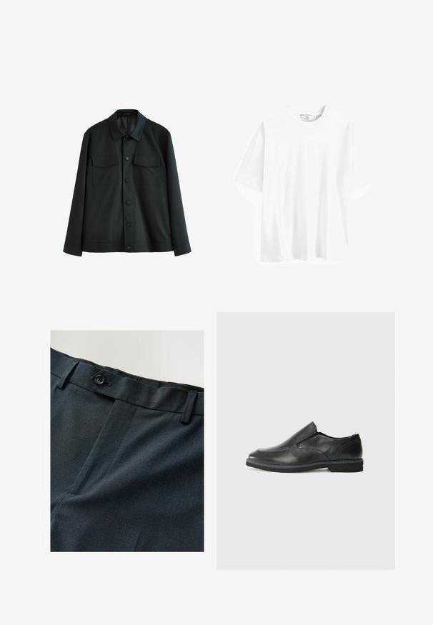 Musta takki sileästä kankaasta, jossa on kaulus, kaksi rintataskua ja nappietu. Pitkät hihat yksinkertaisilla hiharesoreilla.; Valkoinen puuvillainen lyhythihainen t-paita, jossa on pyöreä kaula-aukko, rento istuvuus ja sileä rakenne. Ei näkyviä kuvioita tai yksityiskohtia.; Tummansinisiä housuja, joissa on teksturoitu kangas, varustettu yksinkertaisella napilla ja litteällä etuosalla. Huomaamaton kuvio tuo visuaalista kiinnostavuutta.; Musta nahkainen liukujalkine, jossa on sileä pinta, ommeltuja yksityiskohtia, pyöristetty kärki ja matala kumipohja. Pohjassa on minimaalinen pito.