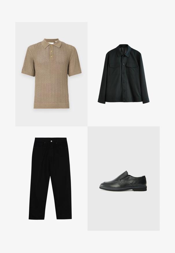 Čierna bunda z hladkej tkaniny, s golierom, dvoma náprsnými vreckami a predným zapínaním na gombíky. Dlhé rukávy s jednoduchými manžetami.; Bežová pletená polo košeľa s krátkymi rukávmi, s textúrovaným vzorom, ribbed lemom a tromi hnedými gombíkmi pri golieri.; Čierne denimmové nohavice s rovný strihom, dizajnom s piatimi vreckami a upínaním na prednej strane. Hladká textúra s minimálnymi detailmi šitia.; Čierny kožený nazúvací topánka s hladkým zvrškom, prešitými akcentmi, zaoblenou špičkou a nízkym gumovým podpätkom. Podošva má minimálny dezén.
