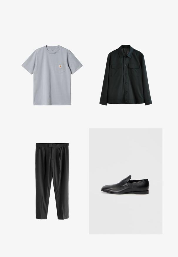 Mustan jope, mis on valmistatud siledast kangast, millel on krae, kaks rinna-taskut ja nööbiga esikinnitus. Pikkade varrukatega, millel on lihtsad mansetid.; Hall hall harjas on lühikeste varrukatega, ümar kaelus ja rinnatasku, kus on väike oranž logo silt. Sile tekstuur, lõdva disain.; Next REGULAR FIT -CHECK SMART - Chino-püksid - black; Must musta libisemisega king, millel on terav varvas, sile tekstuur ja tagasihoidlik bränding küljel. Madal konts puhta ja minimalistliku disainiga.