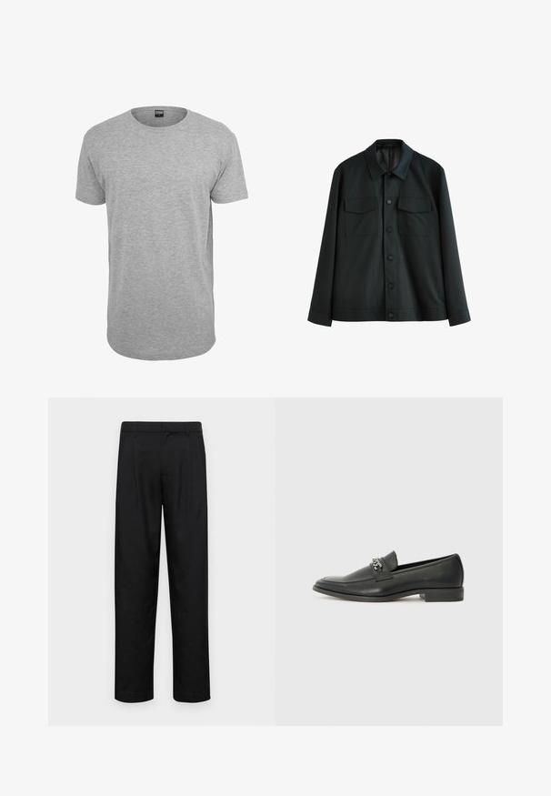 Juodas švarkas, pagamintas iš lygios medžiagos, turi apykaklę, dvi krūtinės kišenes ir mygtukinį užsegimą. Ilgos rankovės su paprastais manžetais.; Pilkos medvilnės marškinėliai su trumpomis rankovėmis, apvaliu iškirpimu, tiesiu hemu ir minkšta tekstūra; minimalus prekės ženklas matomas kakle.; Juodi kelnių modeliai, pagaminti iš lygios medžiagos, turi tiesią kojas, du priekiniai klostės ir standartinę juosmenį su diržo kilpomis.; Juodos odinės loafer tipo bateliai su lygiu paviršiumi, turintys siuvinėtą dizainą ir dekoratyvų metalo grandinėlės akcentą ant batų viršaus. Plokščias kulnas.