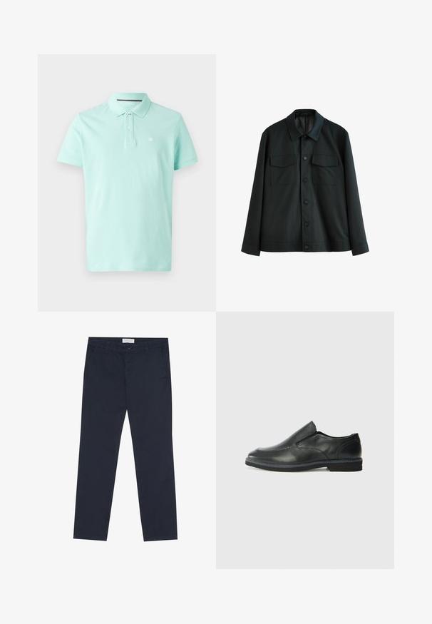 Fekete dzseki sima anyagból, amelynek gallérja, két mellzsebe és gombos elülső záródása van. Hosszú ujjak egyszínű mandzsettával.; Fényes menta zöld pöttyös póló, puha pamutból, klasszikus gallérral, két gombos záródással, és egy kis logóval a bal mellrészen.; Sötétkék vászon nadrág, amely pamutból készült, sima tapintású, cipzáras záródással, övhurkokkal és oldalsó zsebekkel a praktikum érdekében.; Fekete bőr, slip-on cipő sima felsőrésszel, varrott díszítéssel, lekerekített orral és alacsony gumitalppal. A talpa minimális bordázattal rendelkezik.