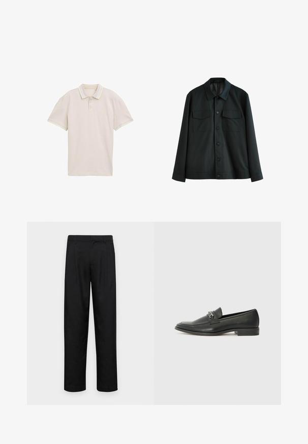 Melnas jakas, kas izgatavota no gludas auduma, ar apkakli, diviem krūšu kabatām un pogu aizdari priekšpusē. Garas piedurknes ar vienkāršām aprocēm.; Bežs polo krekls ar īsām piedurknēm, trīs pogām uz apkakles un kontrastējošām pasteļkrāsu svītrām apkaklē un piedurkņu malās. Viegls materiāls.; Melnas bikses, izgatavotas no gludas auduma, ar taisnu kāju dizainu, divām priekšējām krokām un standarta jostu, kurai ir āķi.; Melna ādas loafer izmēra apavi ar gludu virsmu, piedāvā ar šūtu dizainu un dekoratīvu metāla ķēdes akcentu pār vampu. Plakana papēža daļa.