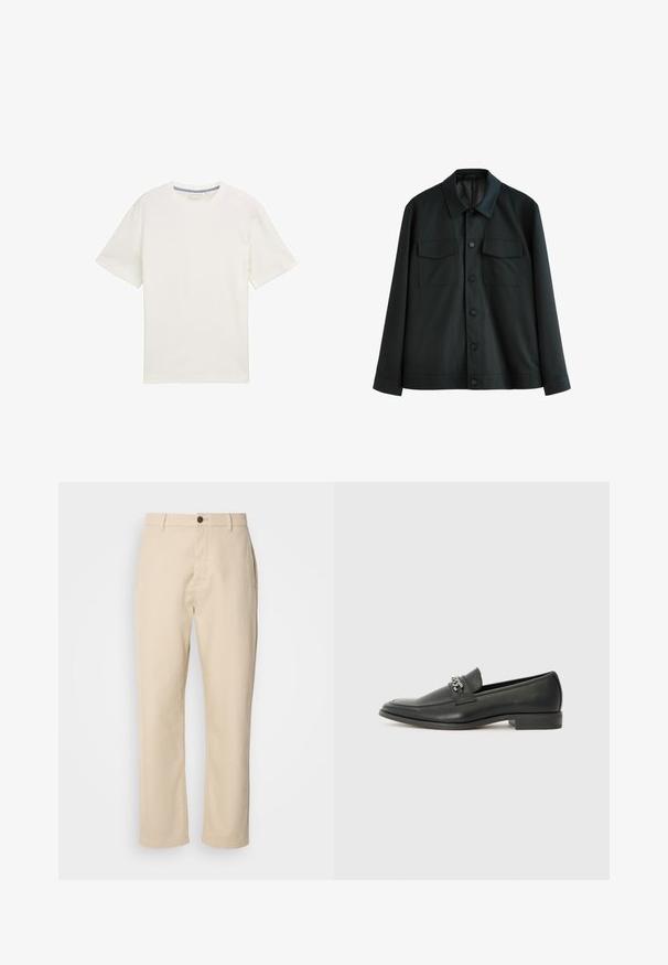 Jachetă neagră din material neted, cu guler, două buzunare pe piept și închidere cu butoane în față. Manșete simple la mânecile lungi.; Tricou alb cu mânecă scurtă, realizat dintr-un material texturat, având un guler rotund și un design subtil, simplu, fără modele sau accente.; Pantaloni din bumbac bej cu picioare drepte, închidere frontală cu nasture, buzunare laterale și o textură netedă. Design minimalist, fără modele vizibile.; Pantofii negri din piele cu un finisaj neted, având un design cusut și un accent decorativ de lanț metalic peste partea de sus. Toc plat.