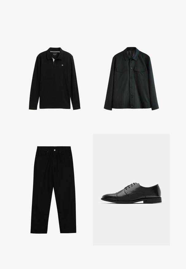 Mustan jope, mis on valmistatud siledast kangast, millel on krae, kaks rinna-taskut ja nööbiga esikinnitus. Pikkade varrukatega, millel on lihtsad mansetid.; Must musta varrukatega polo särk klassikalise kraega, millel on valge sisekrae ja logo rinnal. Sile tekstuur ja regulaarne lõige.; Mustadest denimist püksid, millel on sirge jalg, viie tasku disain ja eesnupuga sulgur. Sile tekstuur koos minimaalsete õmblustega.; Must must esine tugeva varbaga, luku kinnitusega, peente õmblustete detailidega ja madala kontsaga. Sile tekstuur ja poleeritud viimistlus.