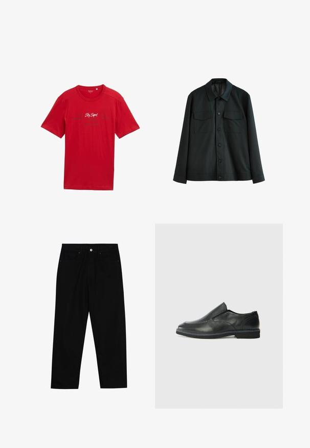 Czarna kurtka wykonana z gładkiego materiału, z kołnierzykiem, dwiema kieszeniami na piersi i zapięciem na guziki z przodu. Długie rękawy z prostymi mankietami.; Czerwona bawełniana koszulka z krótkim rękawem i okrągłym dekoltem, z białym i ciemnoniebieskim nadrukowanym tekstem z przodu, bez widocznych ozdób.; Czarne spodnie dżinsowe w klasycznym kroju prostym, z pięcioma kieszeniami i zapięciem na guzik z przodu. Gładka tekstura z minimalnymi detalami szwy.; Czarne skórzane buty wsuwane z gładką cholewką, przeszyciami, okrągłym noskiem i niskim gumowym obcasem. Podeszwa ma minimalny bieżnik.