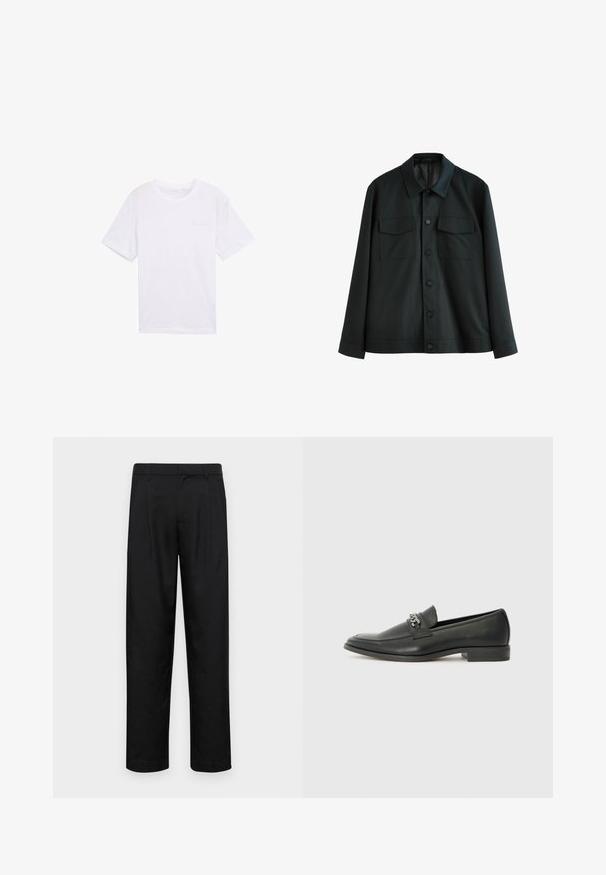 Chaqueta negra de tela suave, con cuello, dos bolsillos en el pecho y cierre frontal con botones. Mangas largas con puños lisos.; Camiseta de algodón blanca de mangas cortas, con cuello redondo y un pequeño y sutil logo de la marca en la parte izquierda del pecho. Diseño sencillo.; Pantalones negros de tela suave, con un diseño de pierna recta, dos pliegues frontales y una cintura estándar con trabillas para el cinturón.; Mocasín de cuero negro con un acabado suave, que cuenta con un diseño de costura y un acento decorativo de cadena de metal en el empeine. Tacón plano.