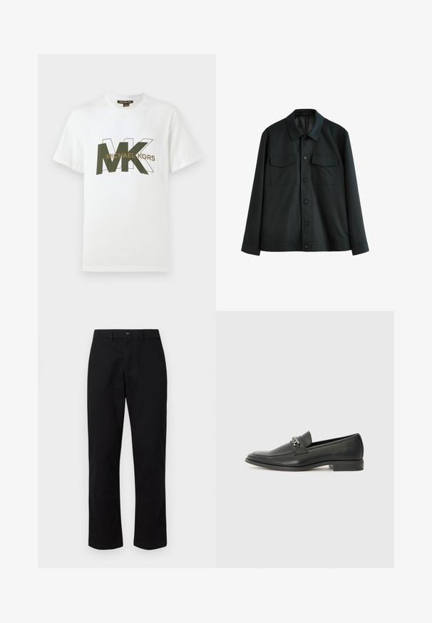 Zwarte jas van gladde stof, met een kraag, twee borstzakken en een knoopsluiting aan de voorkant. Lange mouwen met plain manchetten.; Witte T-shirt met korte mouwen met overlappende groene en omrande MK letters en de tekst "MICHAEL KORS" op de borst.; GAP SLIM PERFORMANCE STRETCH - Chino - true black; Zwarte leren instapper met een gladde afwerking, voorzien van een gestikt ontwerp en een decoratieve metalen kettingaccent over de wreef. Platte hak.