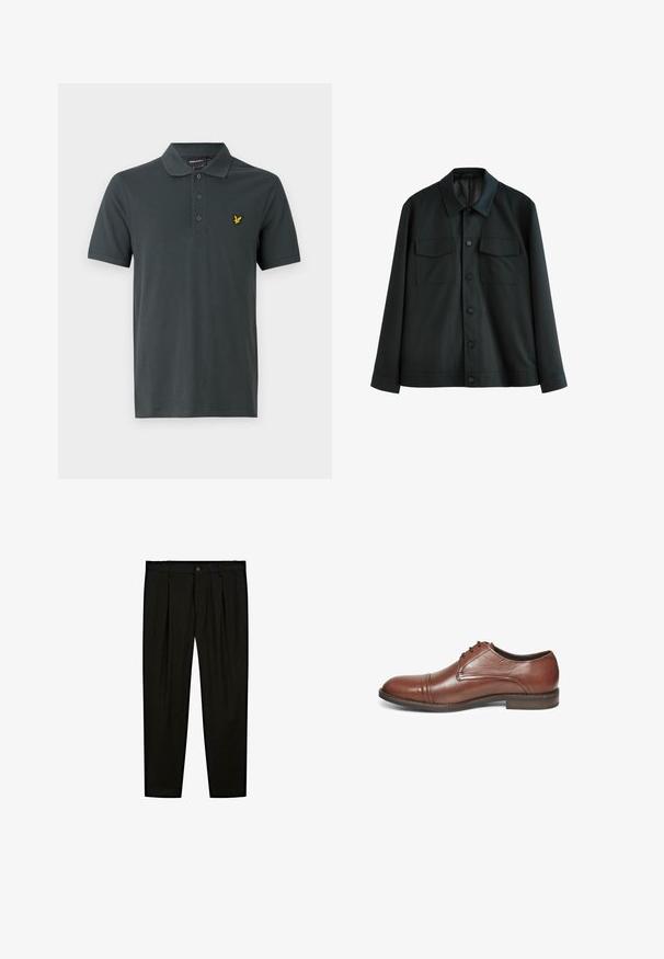 Zwarte jas van gladde stof, met een kraag, twee borstzakken en een knoopsluiting aan de voorkant. Lange mouwen met plain manchetten.; Polo shirt in donkergrijze katoen met een klassieke kraag, een drie-knoopsluiting en een klein geborduurd geel logo op de linkerborst.; Zwarte op maat gemaakte broeken van soepel materiaal. Kenmerken zijn een platte voorkant, brede pijpen en een knoopsluiting bij de taille.; Matinique DERBY DERBY - Veterschoenen - tan