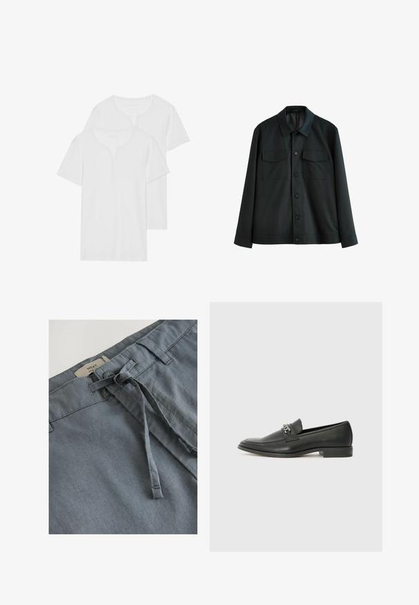 Čierna bunda z hladkej tkaniny, s golierom, dvoma náprsnými vreckami a predným zapínaním na gombíky. Dlhé rukávy s jednoduchými manžetami.; Dvoje bielych tričiek s krátkym rukávom vyrobených z mäkké bavlny, s henley výstrihom a dvoma gombíkmi, v bežnom strihu.; Sivé textilné šortky s jemnou textúrou, s uzlami na šnúrke a pútkami na opasok. Štítok uvádza značku "NEXT" na páse.; Čierne kožené loafers s hladkým povrchom, s prešitým dizajnom a dekoratívnym kovovým reťazovým akcentom cez priehlavok. Plochý podpätok.