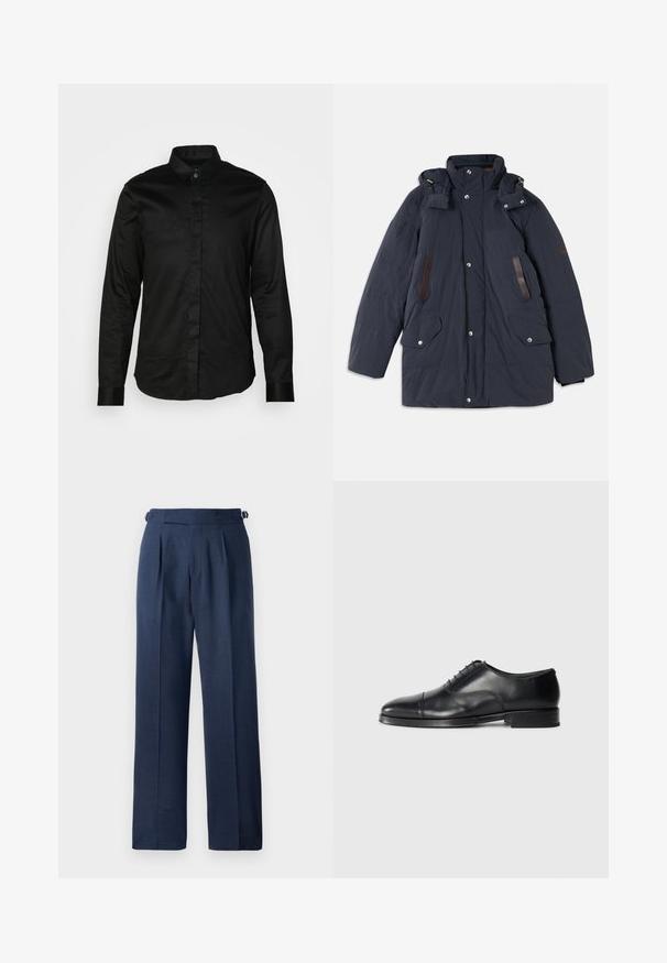 Donkerblauwe gewatteerde parka-jack met een hoge kraag, afneembare capuchon, leren accenten, twee voorzakken en drukknopen.; Zwarte longsleeve shirt van gladde stof, met een kraag, knopen aan de voorkant en contrasterende manchetten. Geen zichtbare patronen of graphics.; Donkerblauwe op maat gemaakte broek, gemaakt van gestructureerde stof, met een hoge taille, plooien en verstelbare zijbanden voor een goede pasvorm.; Zwarte leren dresschoenen met een ronde neus, een gladde textuur, vetersluiting en een subtiele naaddetail, met een lage, platte hak.