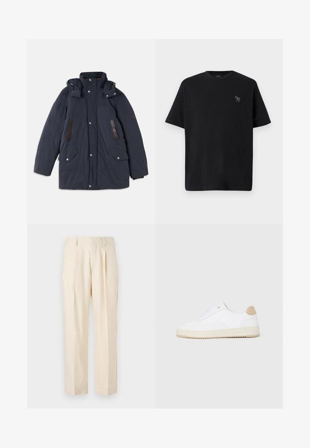 Parka matelassée bleu marine avec un col haut, capuche amovible, accents en cuir, deux poches avant et fermetures à boutons-pression.; T-shirt en coton noir à manches courtes, col rond et avec un discret logo de cheval brodé en gris sur la zone gauche de la poitrine.; NN.07 KAY - Pantalon classique - off white; Baskets basses blanches avec un dessus en cuir texturé, semelle crémée à stries, et accent de talon tan. Présente des lacets blancs et un logo sur le talon.