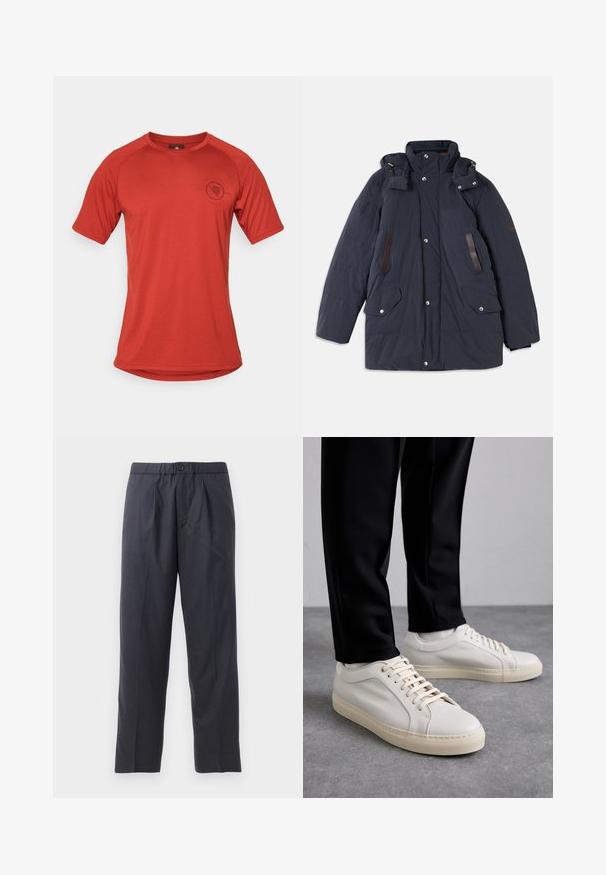 Chaqueta parka acolchada en color azul marino con cuello alto, capucha desmontable, detalles en cuero, dos bolsillos delanteros y cierres de botones a presión.; Camiseta atlética roja de manga corta con cuello redondo, hecha de un tejido texturizado. Presenta un pequeño logo en la zona del pecho.; Pantalones oscuros de color azul marino, hechos de una tela suave, con un diseño de frente plisado y cintura elástica. Cuentan con un cierre de botón y un corte recto.; Zapatillas de cuero color beige claro con cordones planos, una superficie texturizada y una suela de goma color crema en contraste, combinadas con pantalones negros ajustados.