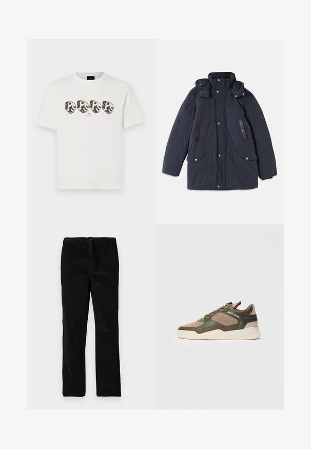 Mornarska podložena parka jakna z visokim ovratnikom, snemljivo kapuco, usnjenimi detajli, dvema sprednjima žepoma in zaklopnimi gumbi.; Bela bombažna majica s kratkimi rokavi, ki vsebuje štiri krožne grafične potiske s stiliziranimi logotipi "PS" v različnih barvah in črnim obrisom.; Črne ravne sametne hlače z elastičnim pasom in sprednjim vrvico, prikazane na enobarvni beli podlagi.; Bež in zelena nizka športna obutev s perforiranimi stranmi, belim podplatom, vezanjem spredaj in blagovno znamko "FILLING PIECES" na stranskem panelu.